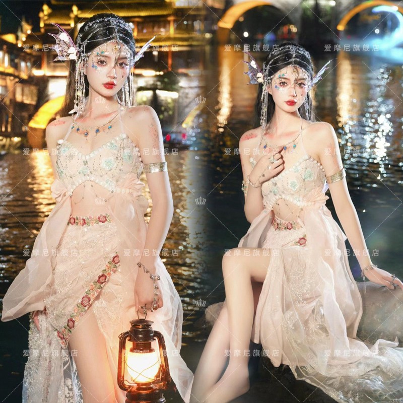 新款少女生日写真服装小清新画报风蓝色轻婚纱艺术照摄影彩纱礼服