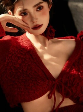 影楼新年圣诞个人写真主题服装新款红色针织套装氛围感艺术照服装