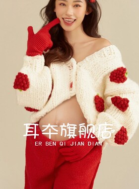 孕妇拍照服装新款影楼圣诞主题艺术照新年红色毛衣摄影孕妇照衣服