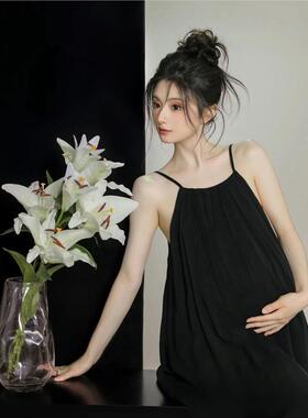 影楼新款孕妇照服装黑色简约性感吊带连衣裙孕妈大肚艺术照写真服