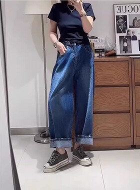 7061#41常规蓝色复古直筒牛仔裤女春季新款大码遮胯显瘦阔腿裤子