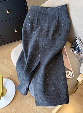 8230#灰色毛呢亮片半身裙女秋冬新款大码梨型身材高腰包臀裙