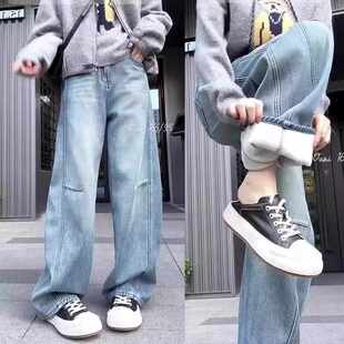 5982#57厚绒蓝色加绒直筒牛仔裤女新款大码宽松显瘦百搭阔腿裤子