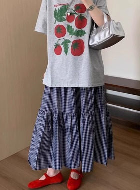 2708#蓝色格子半身裙女夏2025新款垂感休闲a字中长裙子