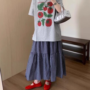 2708 垂感休闲a字中长裙子 蓝色格子半身裙女夏2025新款