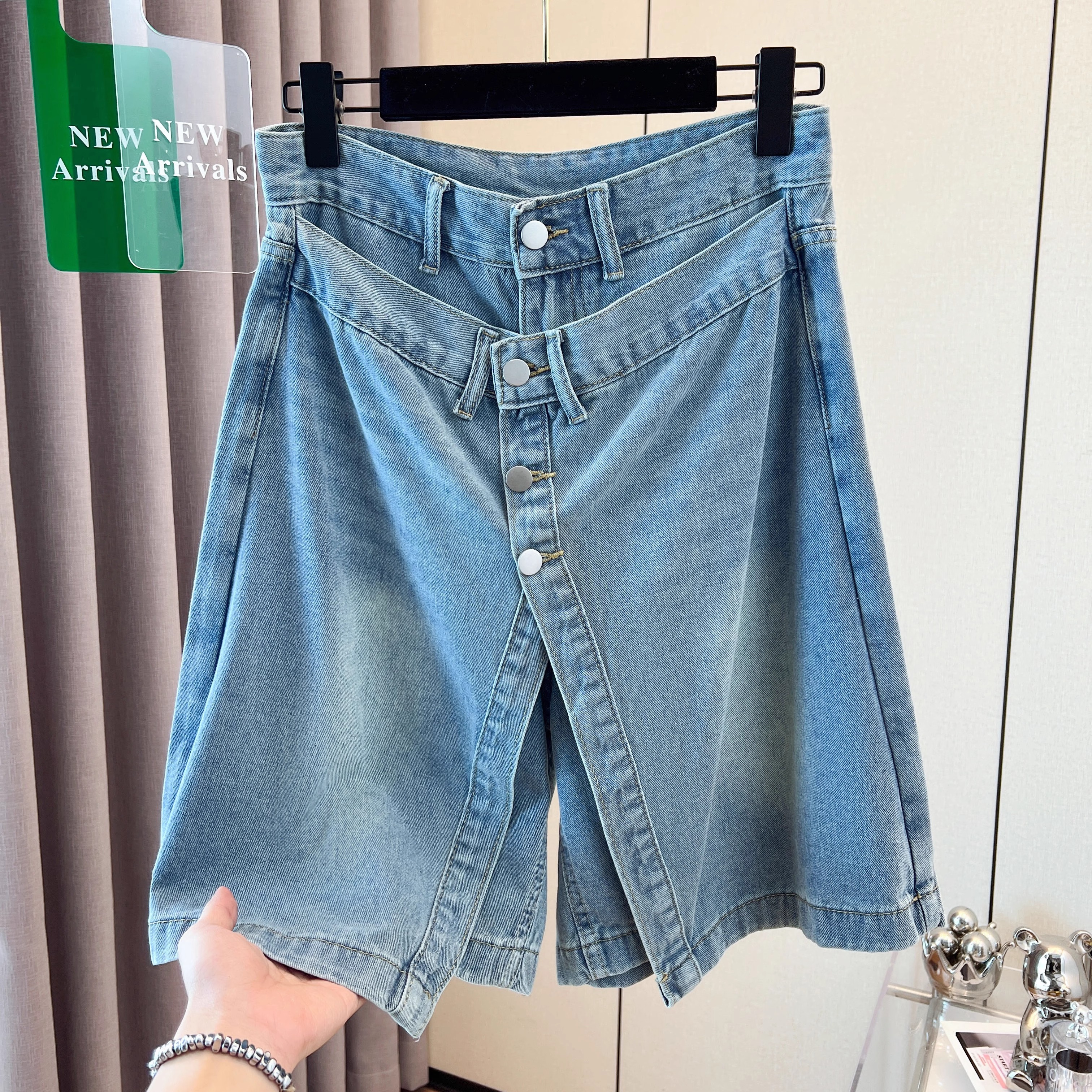 7220#44复古设计感牛仔短裤女夏季新款叠穿假两件五分阔腿裤