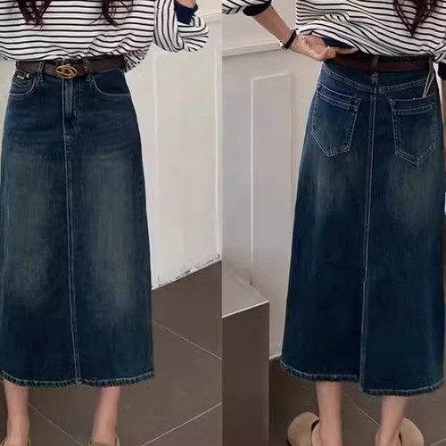 5919#40欧货牛仔半身裙女秋季新款复古显瘦中长款a字裙