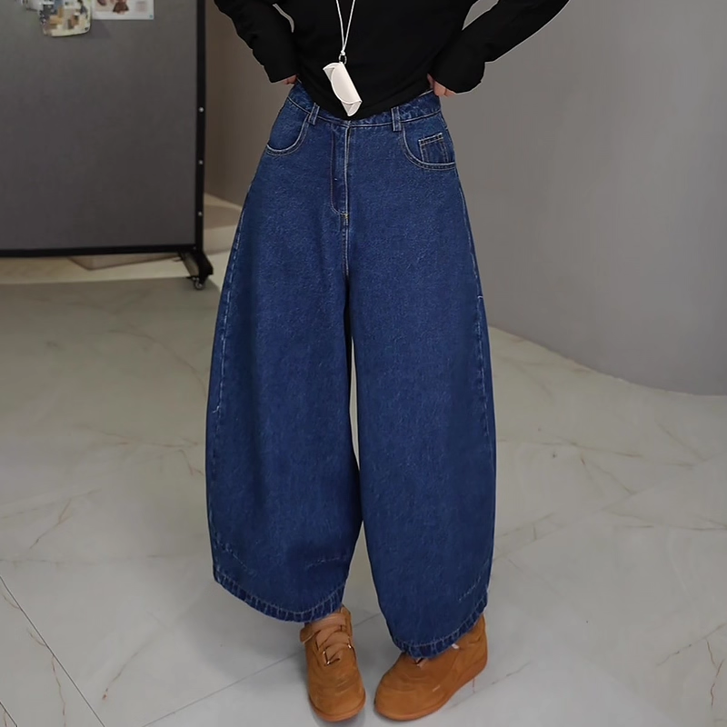 8152#大码蓝色花苞牛仔裤女2025秋季新款胖mm高腰显瘦宽松弯刀裤