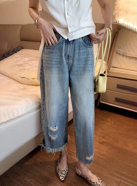 8502#街头风破洞阔腿牛仔裤女夏季高腰九分毛边显瘦直筒裤