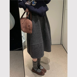 高腰显瘦休闲A字中长款 大码 半身裙 灰色毛呢花苞裙女秋冬新款 6160