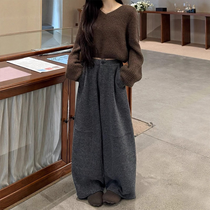 6140#55灰色毛呢休闲裤女秋冬新款宽松显瘦慵懒风垂坠感阔腿裤