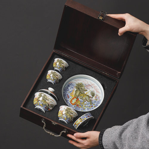 德化陶瓷麒麟盖碗茶具礼盒