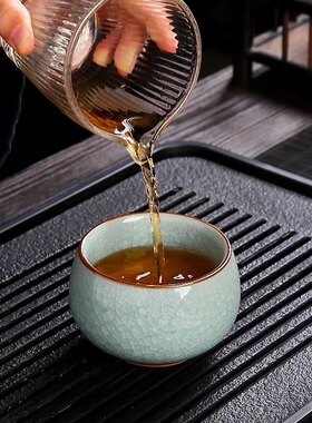 汝窑主人杯鹅蛋型喝茶杯男款高端个人专用茶具陶瓷冰裂纹功夫单杯