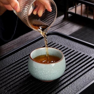 高端个人专用茶具陶瓷冰裂纹功夫单杯 汝窑主人杯鹅蛋型喝茶杯男款