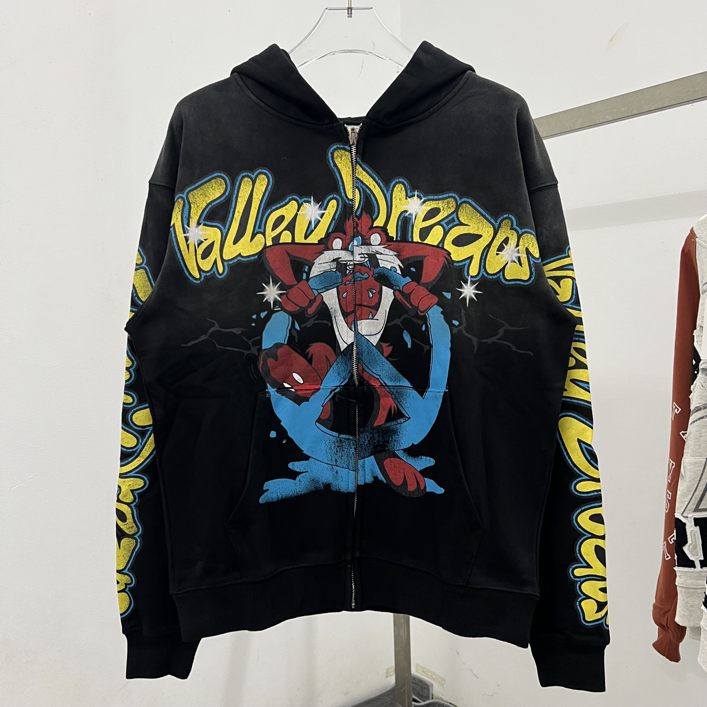 ValeForeve美式卡通风印花连帽开衫卫衣男女重磅做旧拉链外套男女