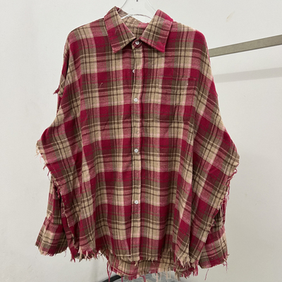 流苏美式复古格子外套衬衫男