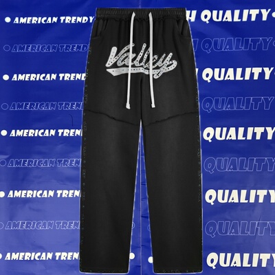 Vale Forever美式重工水洗做旧烫钻毛圈卫裤男女宽松直筒运动长裤