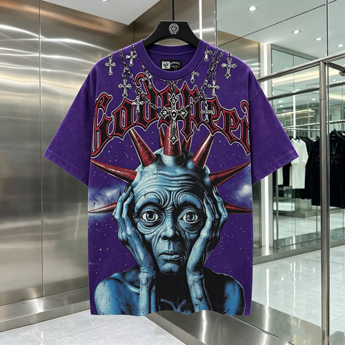 Godspeed太空外星人十字架火焰字母印花短袖T恤男女嘻哈棉半袖t