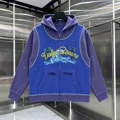 Valley Dreams海浪椰树拉链连帽卫衣男复古撞色拼接泼墨开衫外套