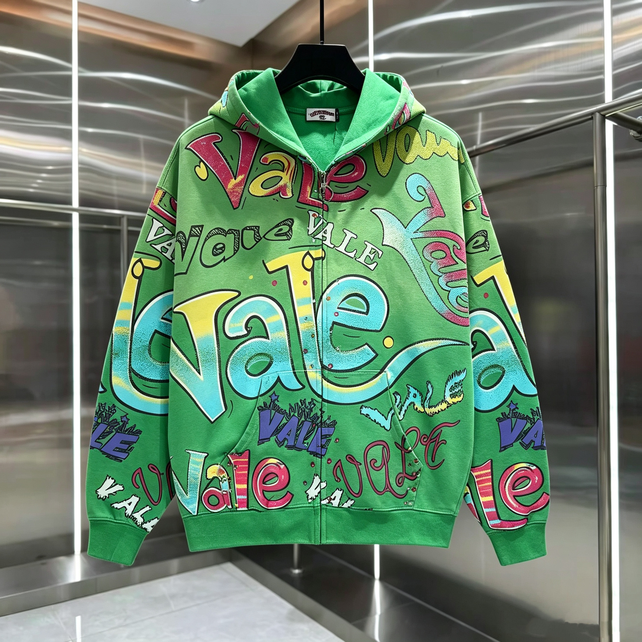 Vale Forever涂鸦满印彩色字母开衫连帽卫衣男女宽松镶钻拉链外套