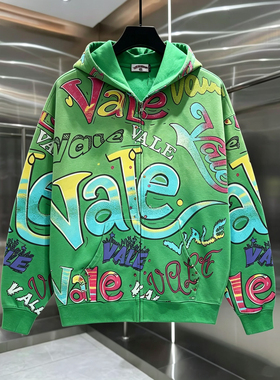 Vale Forever涂鸦满印彩色字母开衫连帽卫衣男女宽松镶钻拉链外套