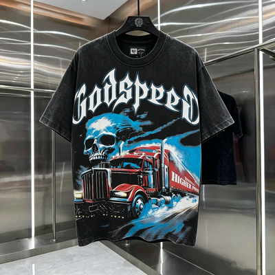 Godspeed美式水洗做旧卡车骷髅印花短袖男高街宽松半袖vintageT恤
