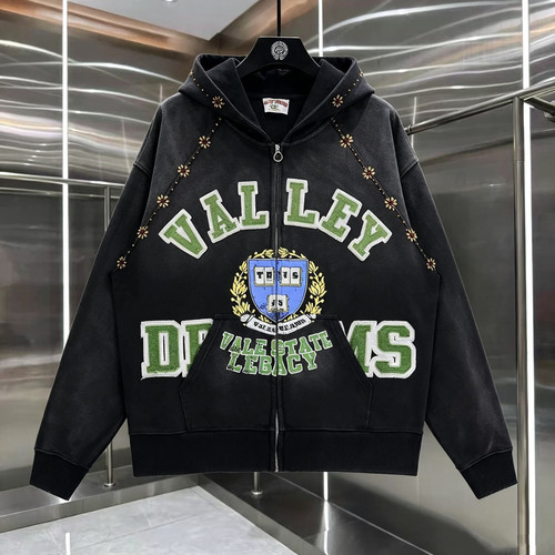 Vale Forever水洗磨破烫钻小花连帽拉链男女卫衣徽章情侣上衣外套