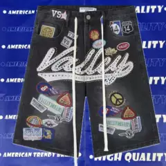 High-Quality Vale Forever American-Style Embroidered Badge Heavy Metal Beaded Denim Shorts for Men and Women, Vintage Five-Point Shorts