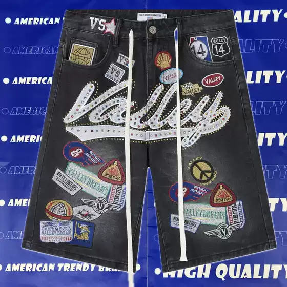 High-Quality Vale Forever American-Style Embroidered Badge Heavy Metal Beaded Denim Shorts for Men and Women, Vintage Five-Point Shorts