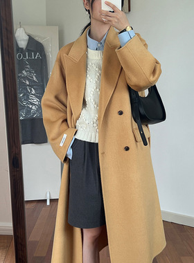 AlloFu十三行 双面呢大衣女宽松针织连帽中长款羊毛毛呢外套077