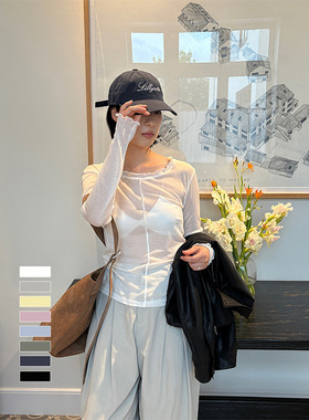 AlloFu十三行韩系纯欲轻薄微透花边长袖修身t恤上衣女秋季23558