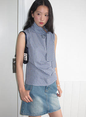 Fu 韩版设计感皱褶系带格子无袖衬衫女2025夏季新款减龄上衣3936