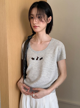 AlloFu十三行动物图案小飞袖冰丝t恤衫夏季短袖套头圆领上衣1001