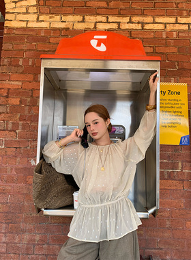 【2/25 春上新】26早法式时髦减龄气质长袖收腰露背雪纺衫女C8078