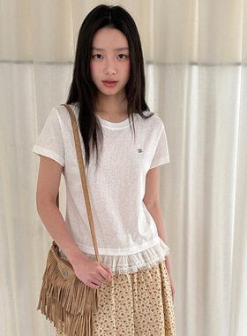 AlloFu十三行韩系正肩蕾丝拼接甜美显瘦圆领t恤女短袖上衣5081