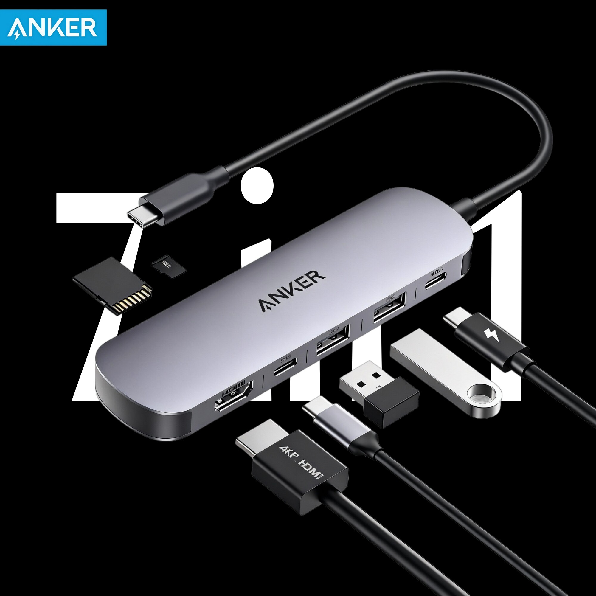 Anker安克七合一笔记本type-c扩展坞适用Mac苹果电脑PD转换器HDMI