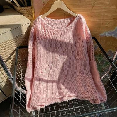 韩系chic别致慵懒高级感超好看上衣多巴胺粉色针织镂空毛衣女秋季