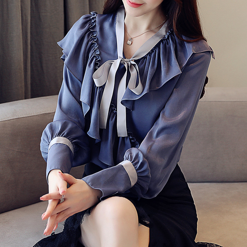 2018新款女装春装韩版超仙甜美长袖上衣百搭雪纺打底衬衫洋气小衫
