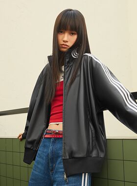 Adidas三叶草男女情侣款复古运动宽松仿皮夹克外套KQ5473/KQ5472