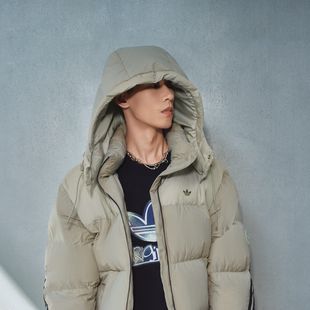 adidas阿迪达斯三叶草鸭绒连帽面包服2025冬男加厚短羽绒服KC2563