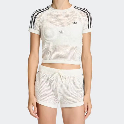 Adidas阿迪达斯三叶草女子短袖钩针编织修身透气运动服T恤KE0200