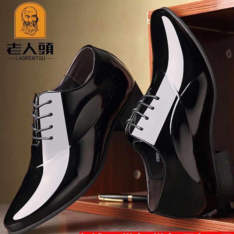 老人头皮鞋内增高男鞋6cm真皮透气商务休闲鞋英伦尖头亮皮婚鞋8cm