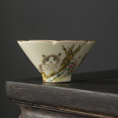 陶瓷汝窑斗笠杯开片红花猫小容量个人专用小客杯可养品茗杯主人杯