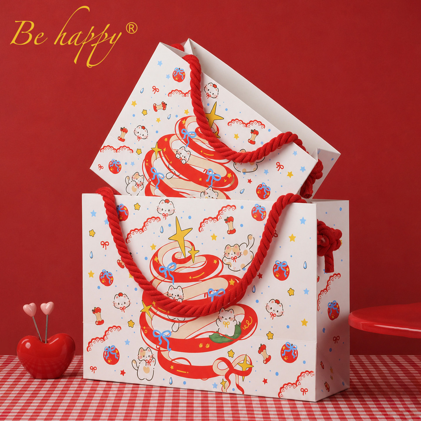 新品｜教师节苹果猫礼品袋生日情人节红色编织绳纸袋子礼物手提袋