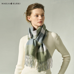MARJAKURKI玛丽亚古琦羊毛羊绒围巾女生冬季时尚红色格子围巾礼盒