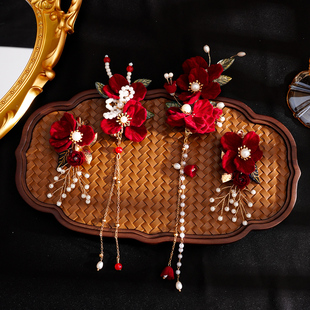 新娘头饰古典舞头饰缠花发簪成品红色套装唯美超仙流苏珍珠唯美