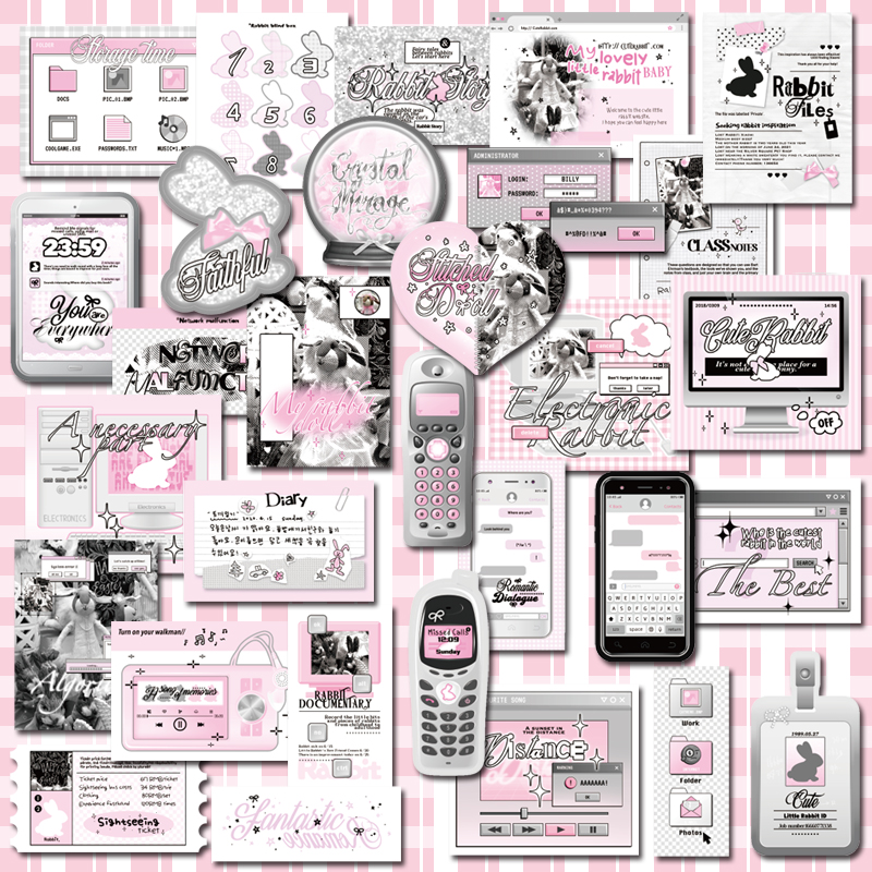 日韩ins风灰粉色系文字贴纸痛包咕卡手机ipad电脑防水y2k复古贴画