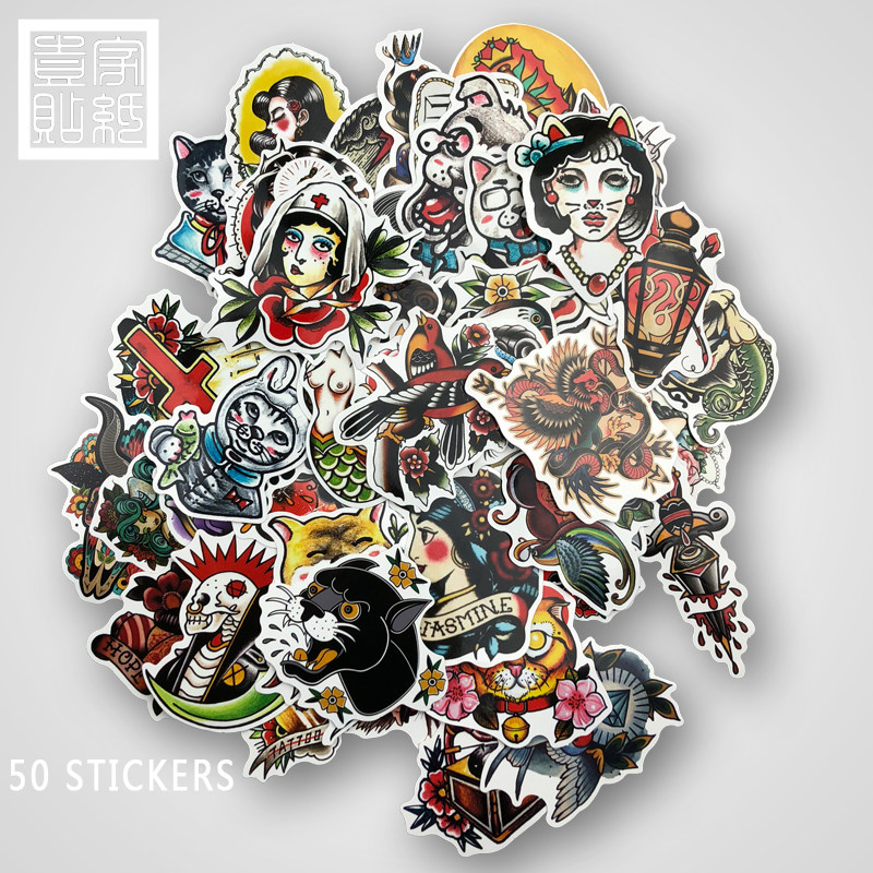 50张/包纹身tattoo old school风格行李箱拉杆箱死飞吉他防水贴纸