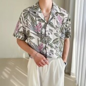 夏季 冰丝休闲上衣古巴领花衬衣 短袖 沙滩度假风轻薄椰树花衬衫 男士