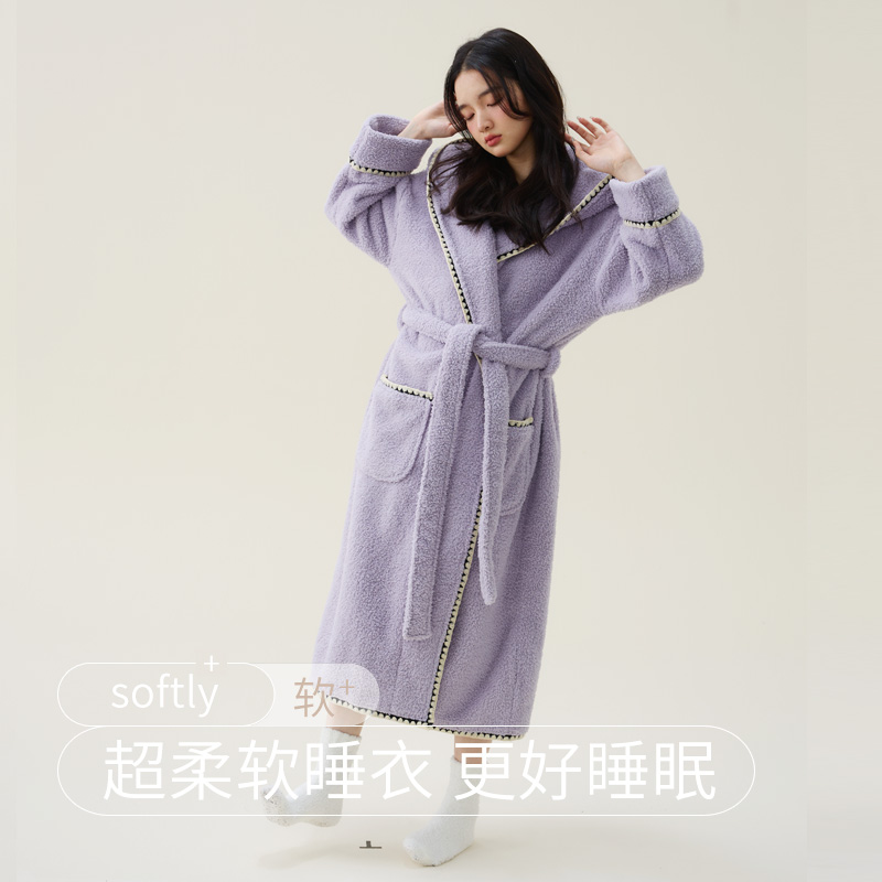 新款秋冬季女士连帽长款加厚睡袍